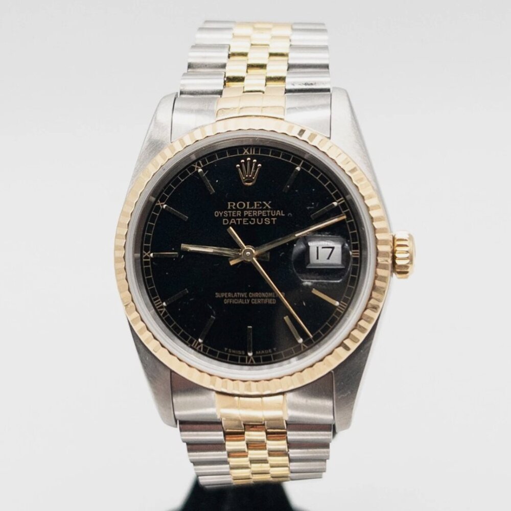 Mens Black Dial Rolex Two Tone 18k Yellow Gold